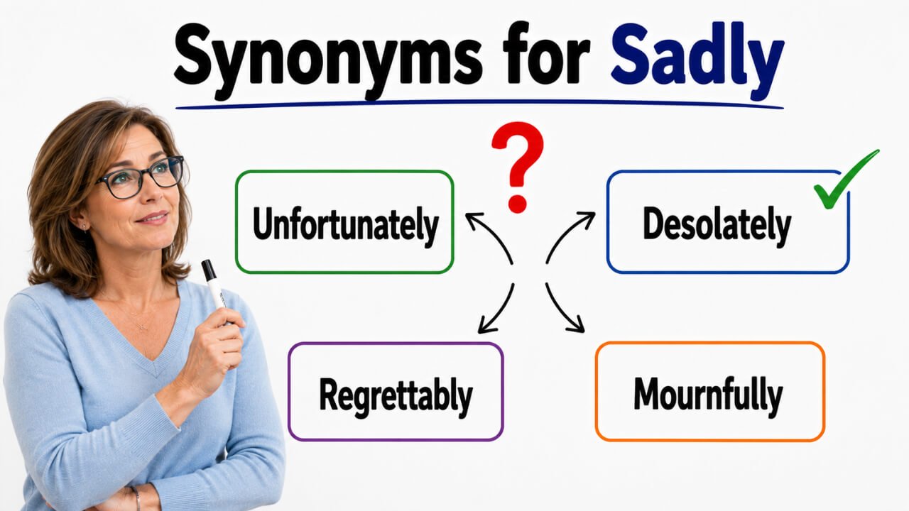 synonyms for sadly